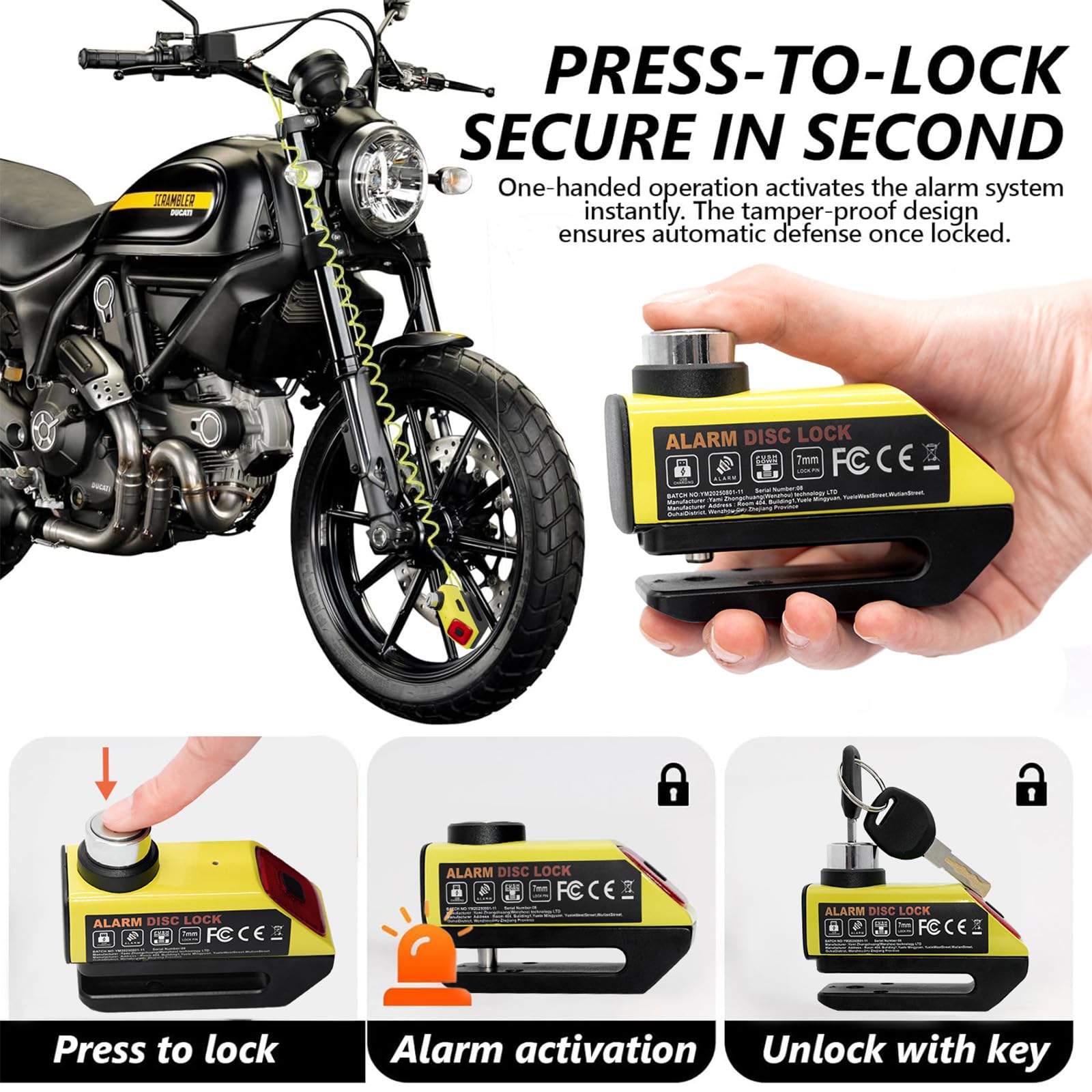 Antivol Moto avec Alarme 110dB, Rechargeable USB et Feu Arrière - Bloc Disque Haute Sécurité, Câble Escamotable 1.2m et Sac de Transport Inclus - Universel 7mm pour Moto, Scooter, Vélo