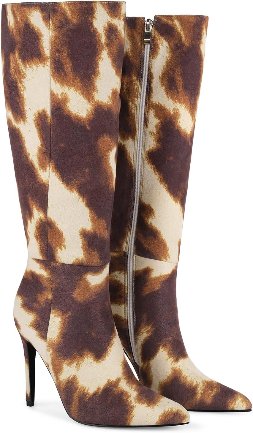Cow Print Leopard Print Knee-High Boots Pointed Toe Heeled Stiletto Fashion with Side Zipper Tall Boot