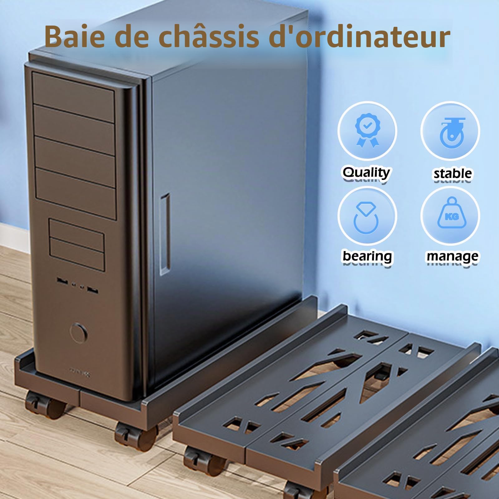 Sporgo Support PC Réglable pour Ordinateur Sous Bureau - Support Universel pour Processeur avec 4 Roulettes (2 Verrouillables) - pour Boîtier d'Ordinateur