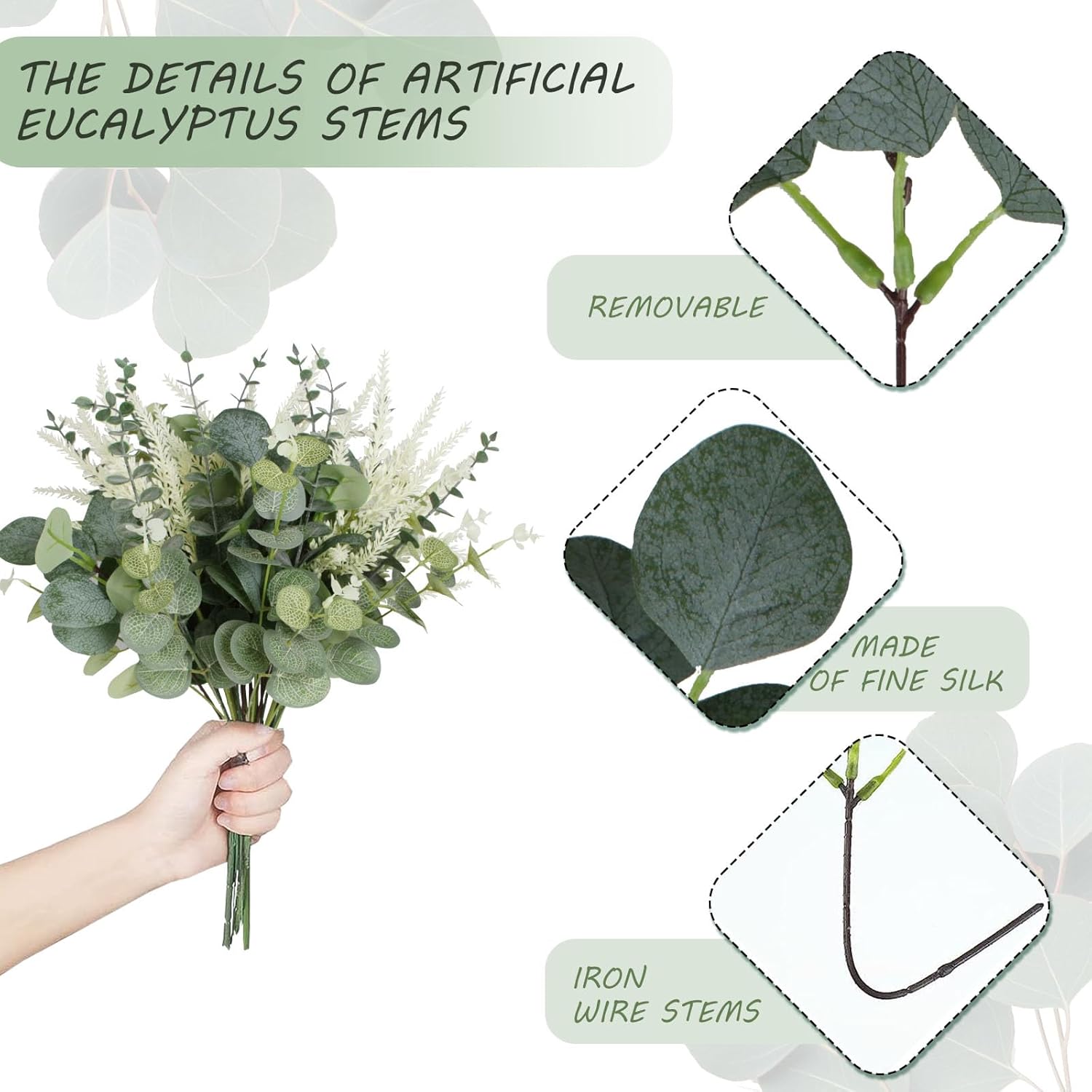 Coreland Artificial Eucalyptus Leaves Stems 120 Pcs 4 Kinds Mixed Fake Silver Dollar Eucalyptus Leaves Stem Bulk Faux Leaf for DIY Bouquets Floral Arrangement Wedding Home Decor