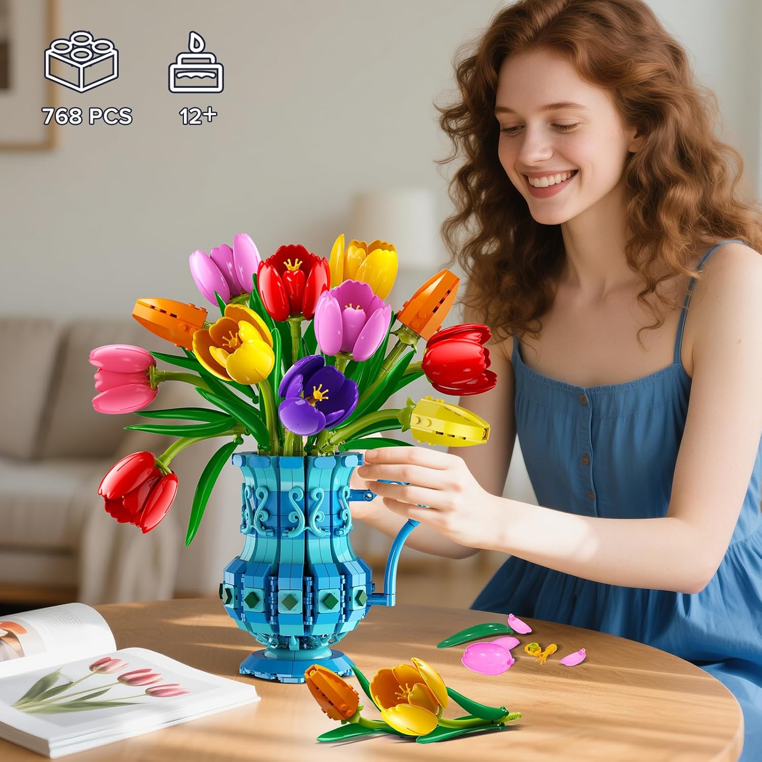 CUBIMANA Flower Bouquet Building Set with Vase - Botanicals Tulip Bonsai Building Toy for Adults Women, Gift for Mothers Day, Artificial Flowers for Her, 768 PCS Crafting Kit for Home & Office Decor