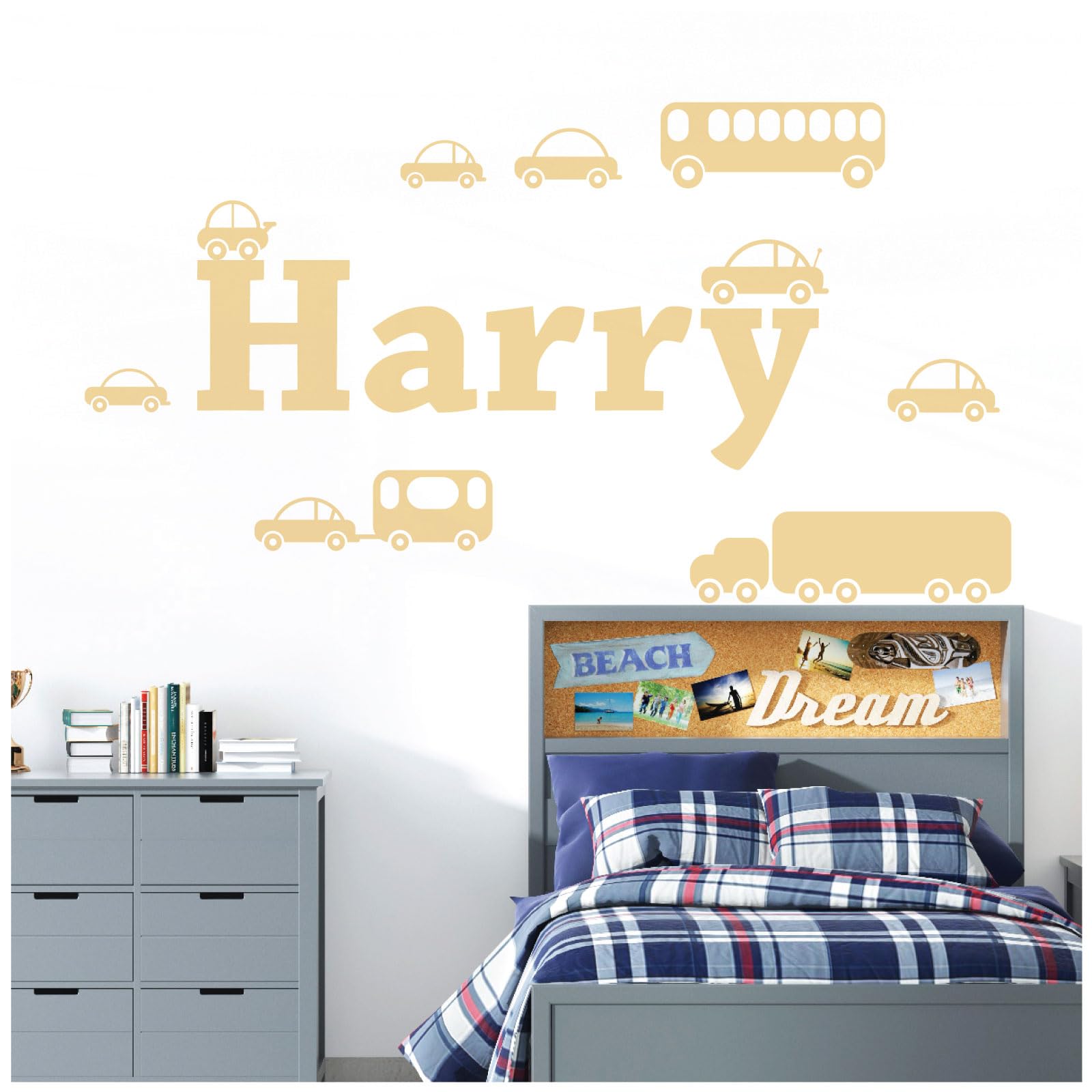 Personalised Name Boys Wall Art Sticker - Cartoon Trucks, Cars, Bus, Caravan, Taxi Set [Medium] [Cream] — image 1