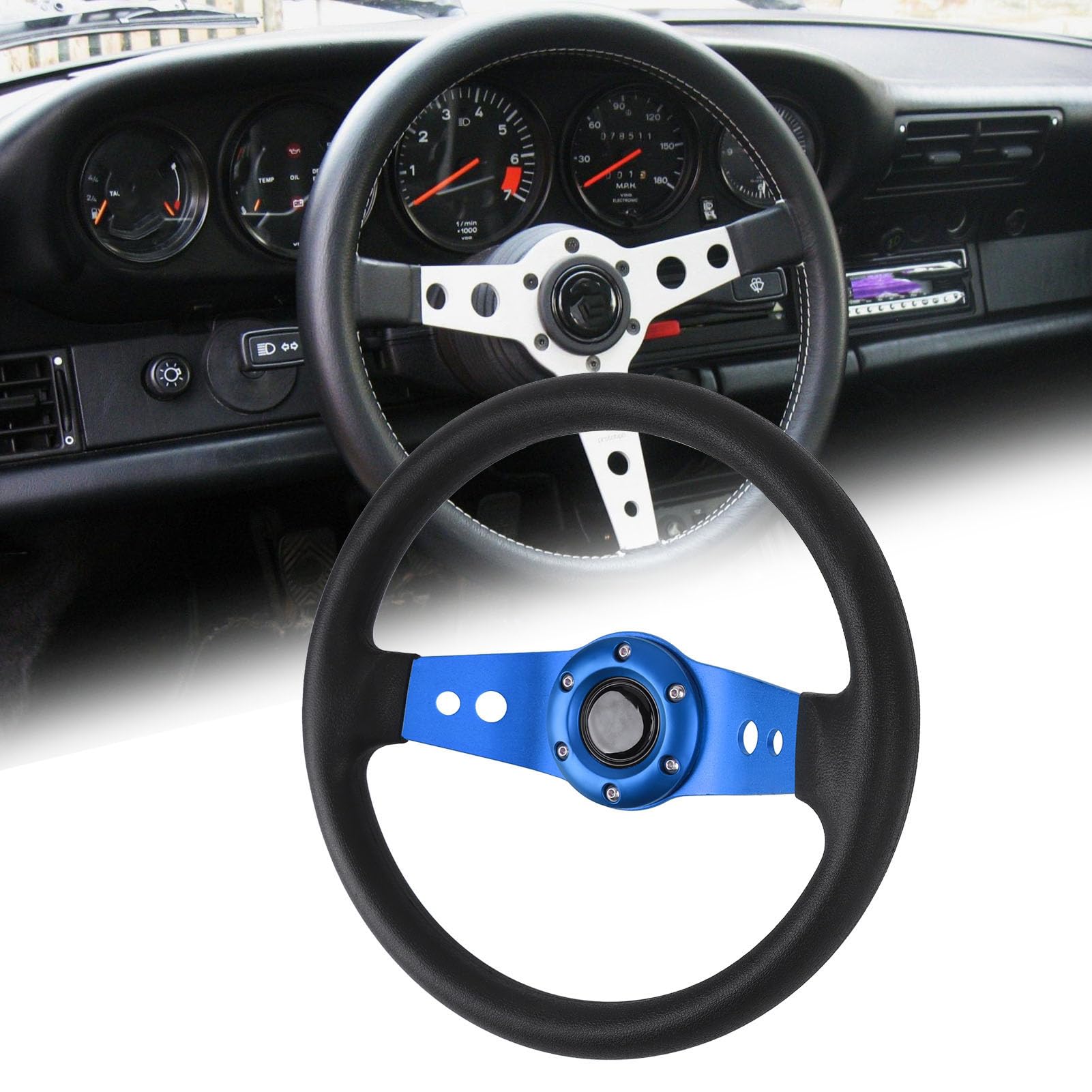 13-Zoll-Auto-Lenkrad Rennsport-Lenkrad PU Stilvoller Look Schlagfester Verbesserter Griff Einfache Installation Rennlenkrad für Fahrzeuge (BLUE)