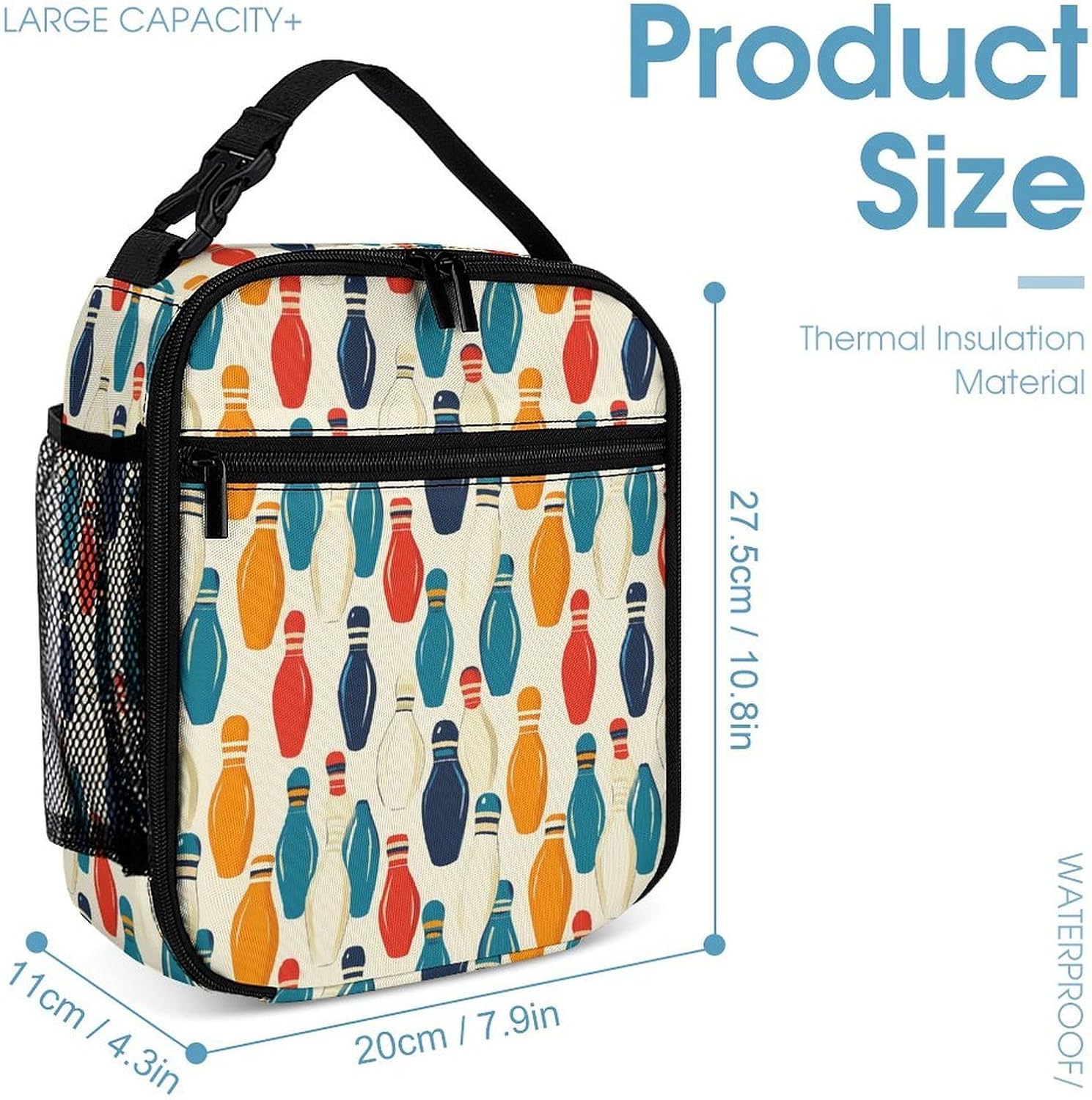 Colorful Bowling Pins Cute Backpack Sets with Lunch Box And Pencil Case Casual 3Pcs Daypack Set for Women Men image 4