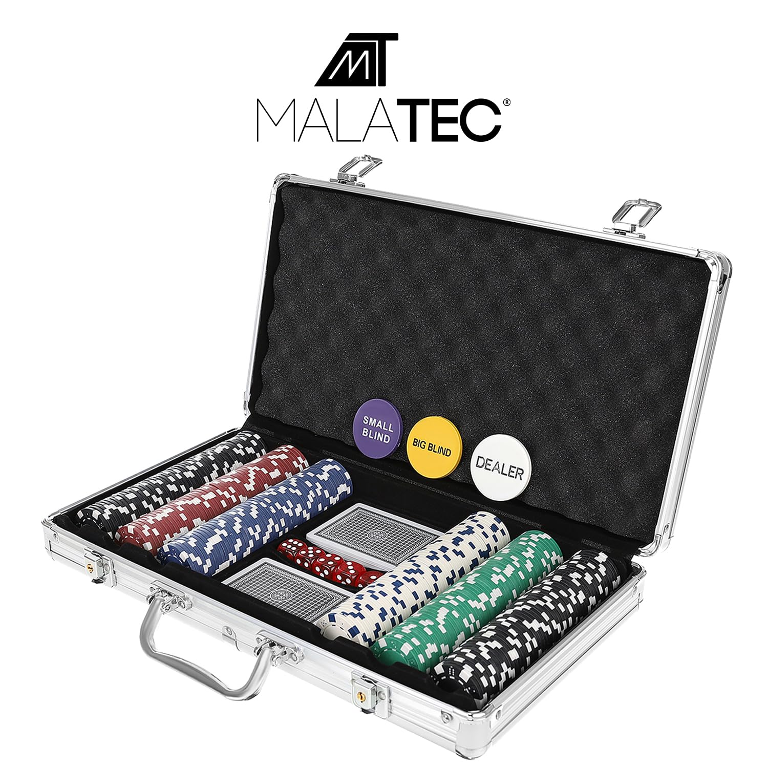 Texas Holdem 23528 Kit de poker avec mallette de poker en aluminium verrouillable 2 jeux de cartes, 300 jetons de poker, 5 dés
