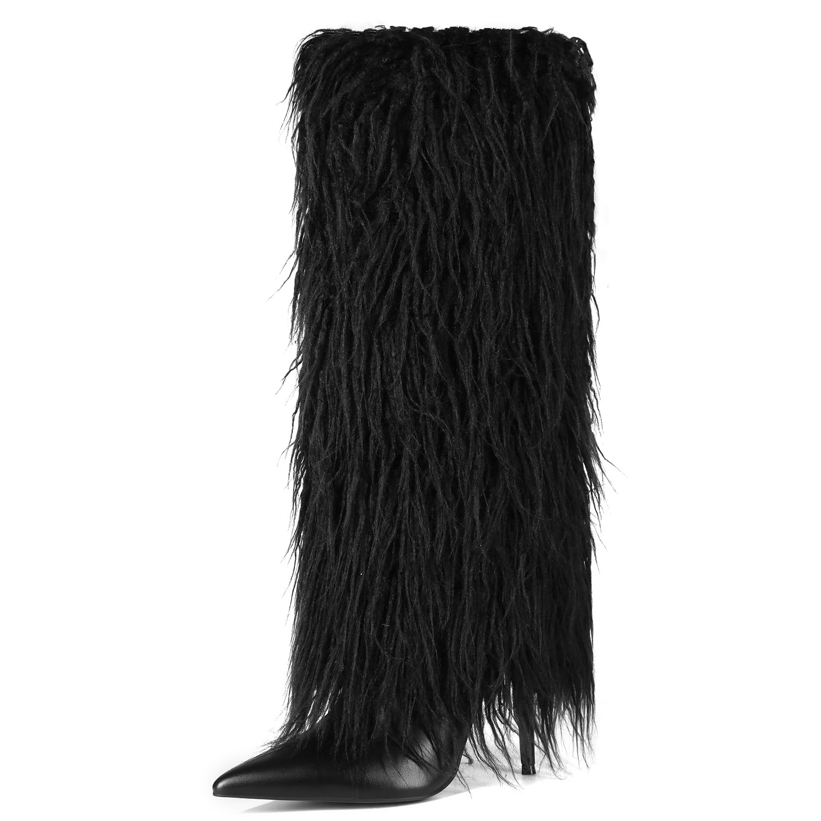 Womens Fur Knee High Boots Female Stiletto Heel Furry Side Zipper Pointed Toe Black Clubwear Party Evening Tall