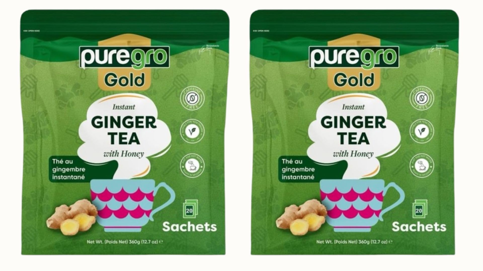 Puregro Gold Instant Ginger Tea with Honey 360g (20 Sachets) | PACK OF 2 | InstantGinger Tea | Warming Beverage, Soothing & Refreshing | Natural Ginger & Sweet Honey Blend | Easy to Prepare.
