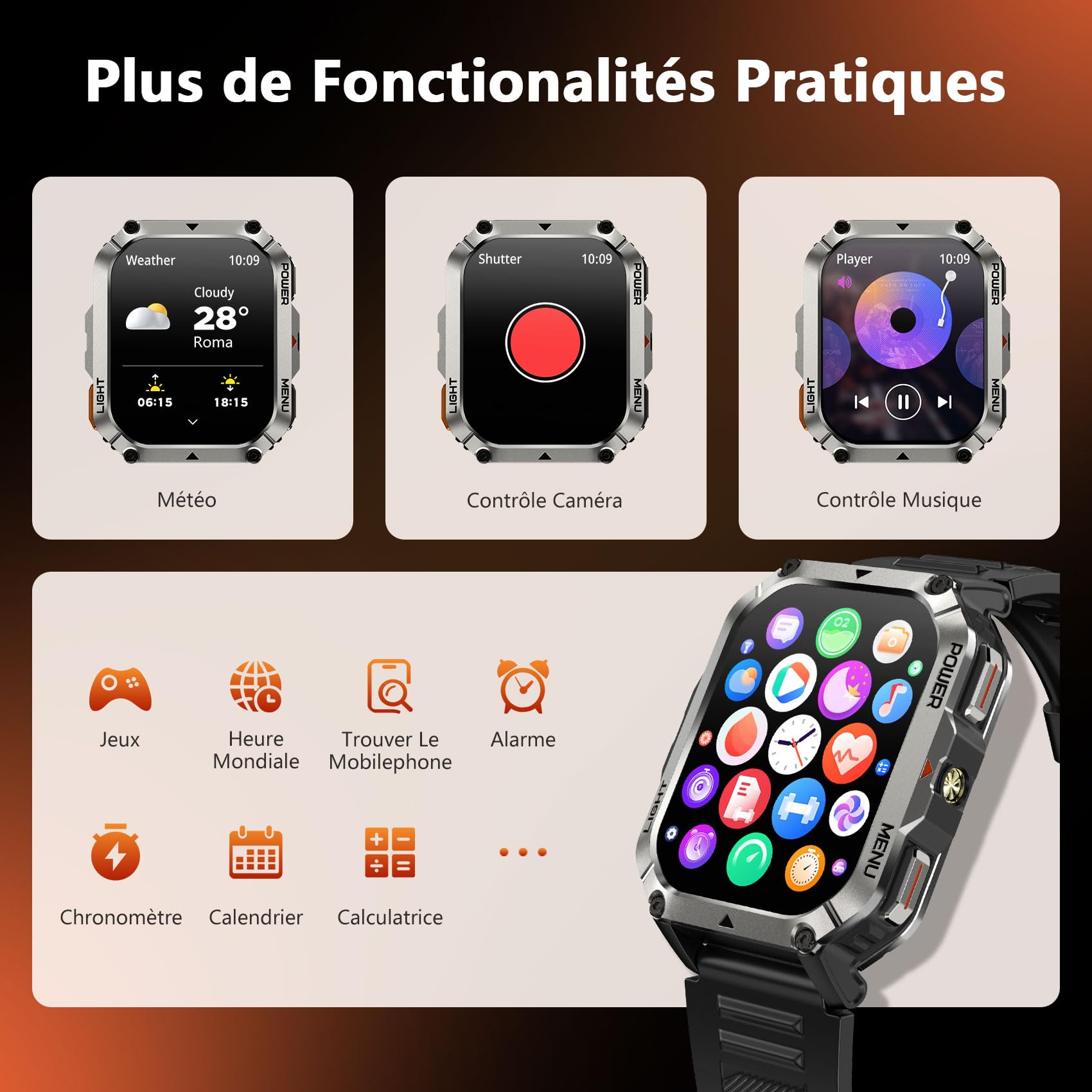 Blackview Montre Connectée Homme avec 100 j Autonomie, Montre Homme Boussole et Lampe Torche, Appels Bluetooth, Smartwatch Surveillance Fréquence Cardiaque et Sommeil, Compatible Android/iOS
