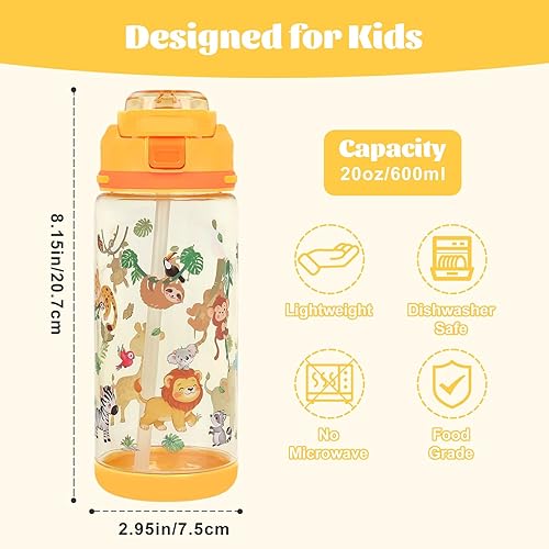 Miniatura 3 de Botella de agua para niños de 20 onzas, duradera, a prueba de fugas, taza de agua de plástico para niños pequeños, con mango de popote y cubierta