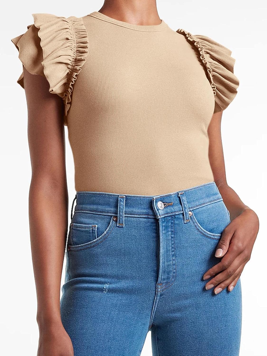 Womens Ruffle Short Sleeve Shirts Slim Fit High Neck Knit Ribbed Tops - Image 2