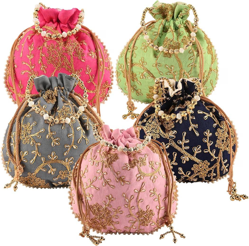 DORI Potli | Jute Handbags for women | Embroidered Women Potli Bag | Traditional Indian Goody Bags | Drawstring Bags for Wedding | Pack of 5 | Multicolor-image-2