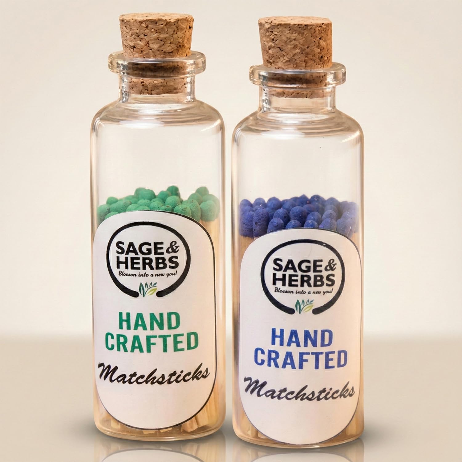Sage & Herbs Small Matchstick Combo Pack | Blue & Green Head Matchstick | in a Borosilicated Cork Jar with a Striker | Combo Pack | 80 Match Sticks | Multipurpose use for Home, Office, Home Temple