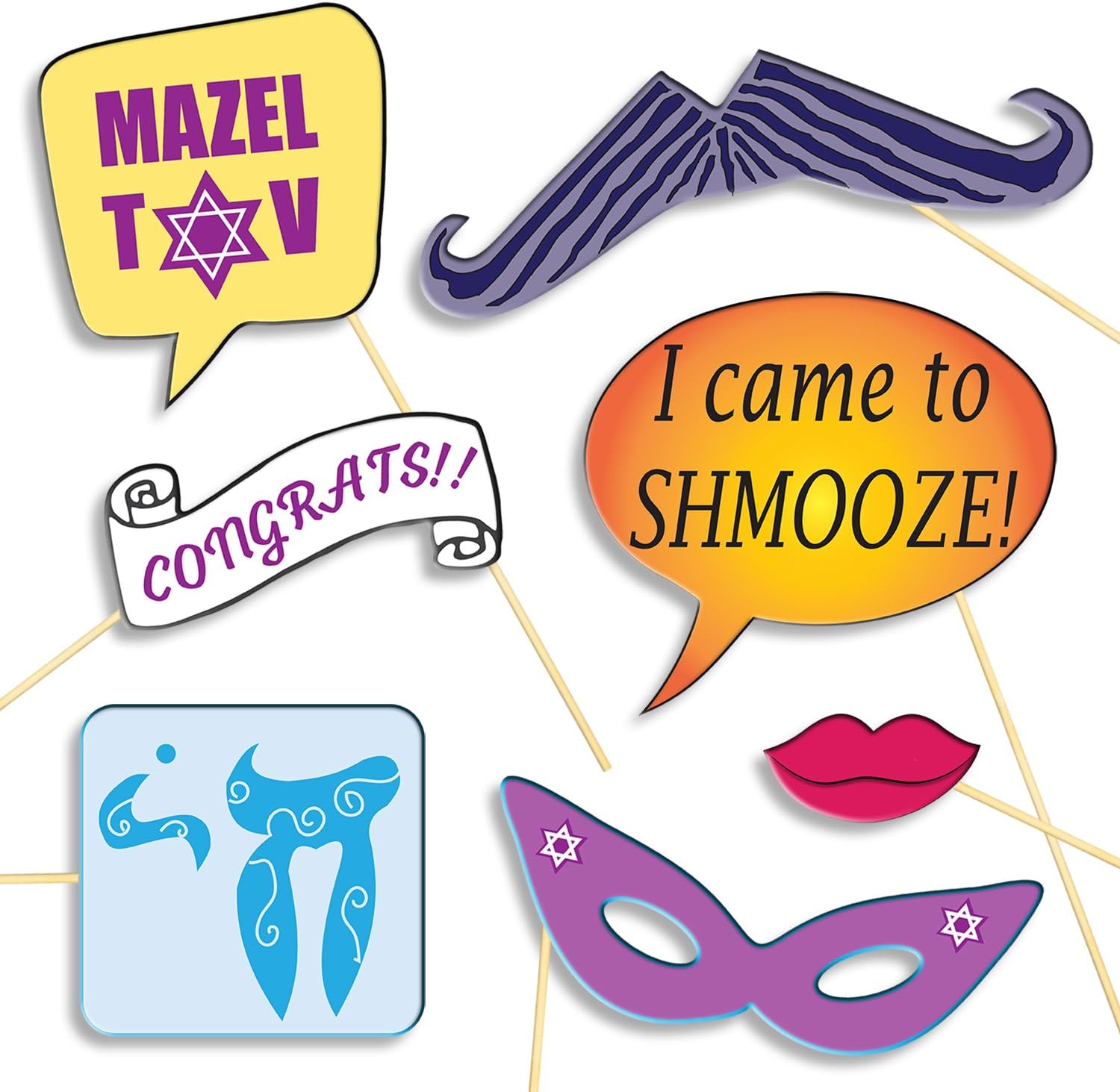 Bat Mitzvah Photo Booth Props - DIY Kit: Banners, Signs, Glasses, Mustaches, Jewish Phrases, Etc - Girl, Scrapbook or Party Favors Idea - Decorations Supplies - 26 pcs for Multiple Booths