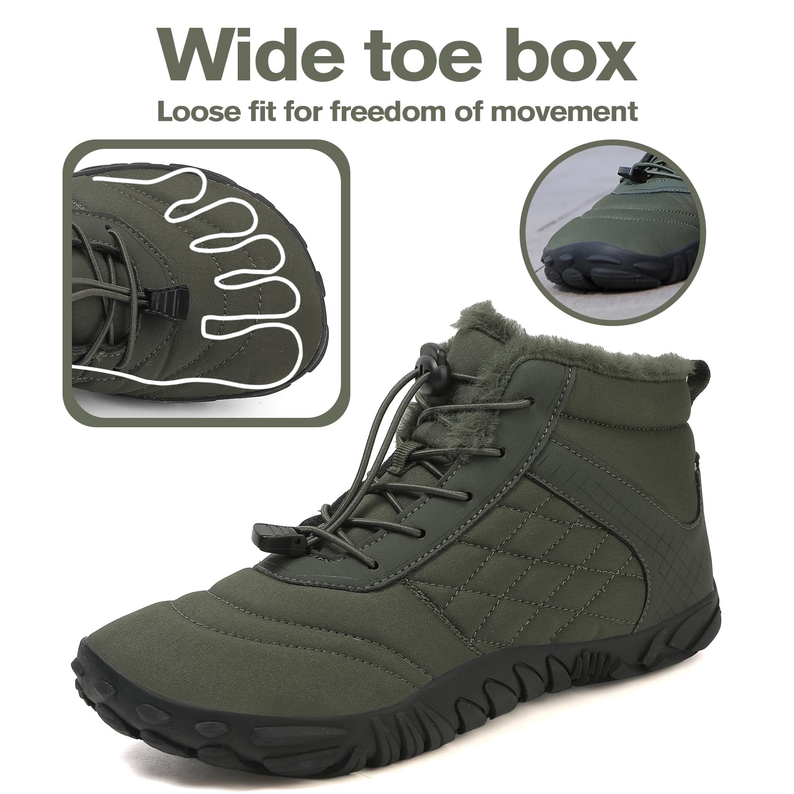 Barefoot Botas Hombre Mujer Invierno con Puntera Ancha Botines de Nieve Zapatos Forro de Felpa Caliente Antideslizante Green47EU