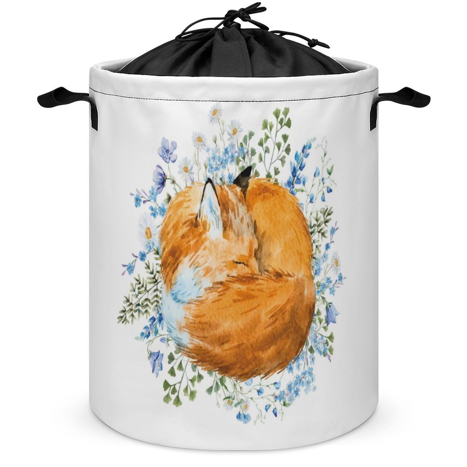 Qjjinxior Drawstring Laundry Hamper, Watercolor Foxes Laundry Basket, Washing Basket with Handle