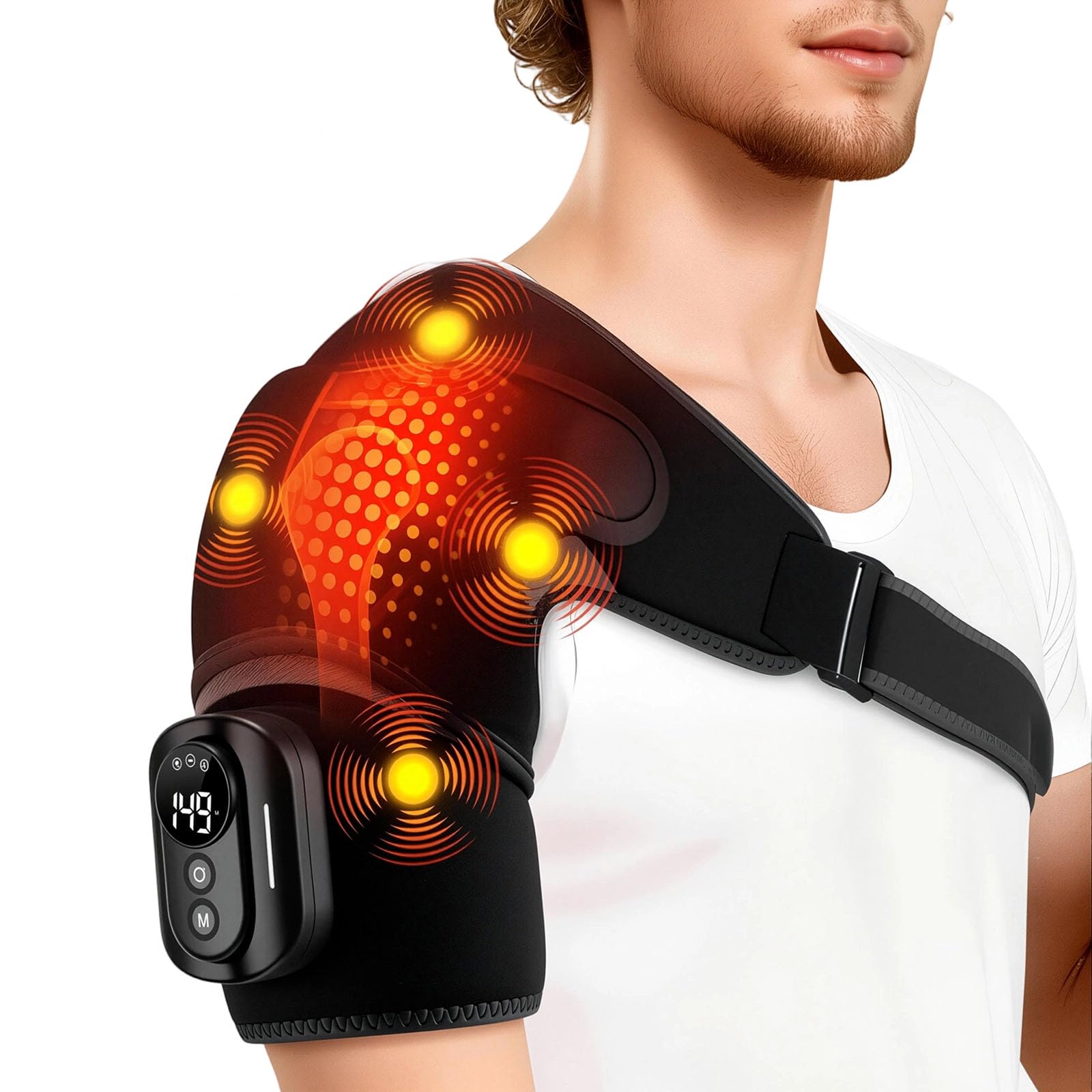 Masajeador de hombros, 5 modos de calentamiento y vibración, batería de 5000 mAh | Temporizador de 3 niveles, mando a distancia extraíble, material transpirable, correas ajustables para el hogar, oficina