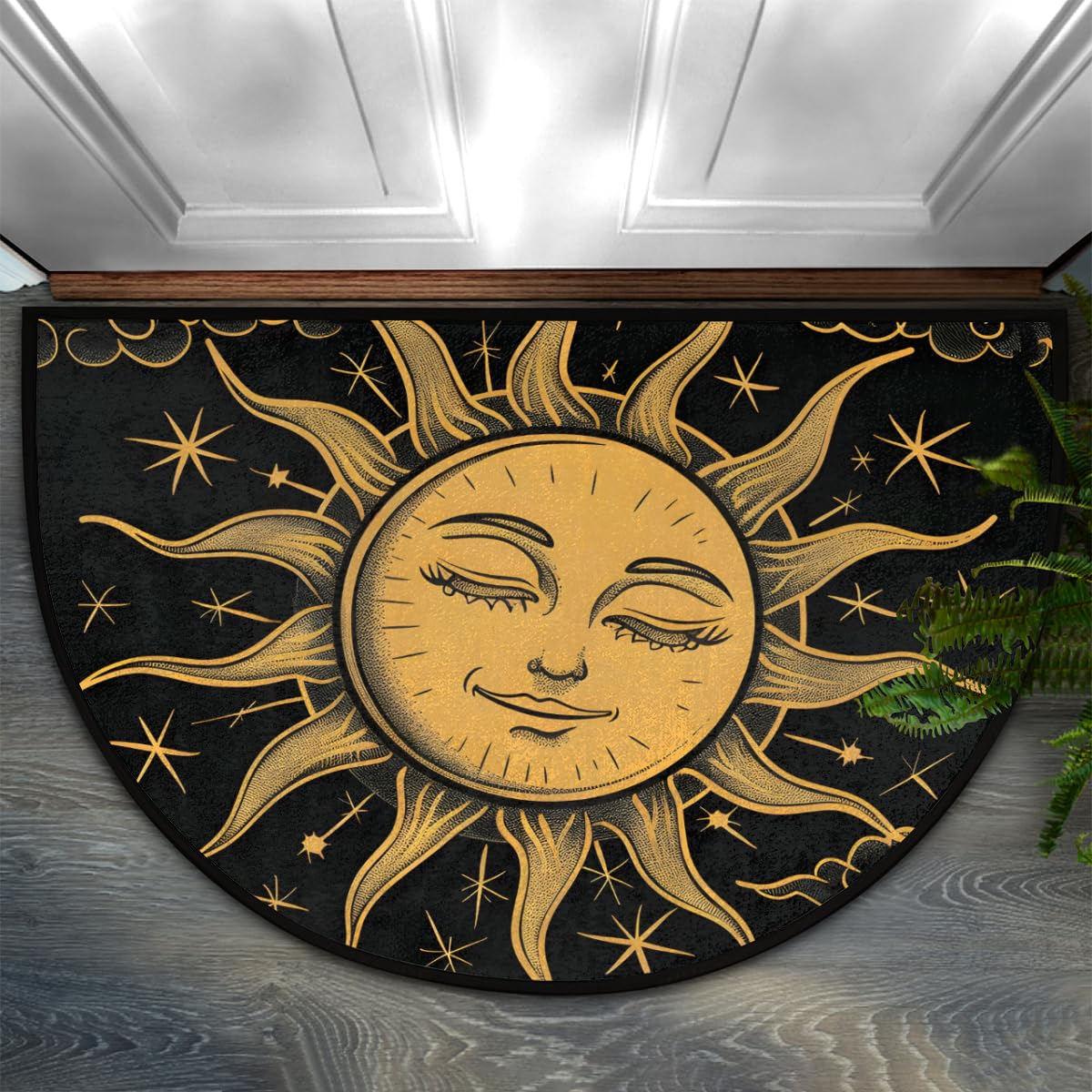 Photo 1 of Pardick Boho Sun Half Round Door Mat, Non-Slip Welcome Indoor Entrance Way Rug Semi Circle Front Doormats Washable Bathroom Kitchen Floor Mat, Outdoor Rugs for Garage, Patio, Hearth Rug