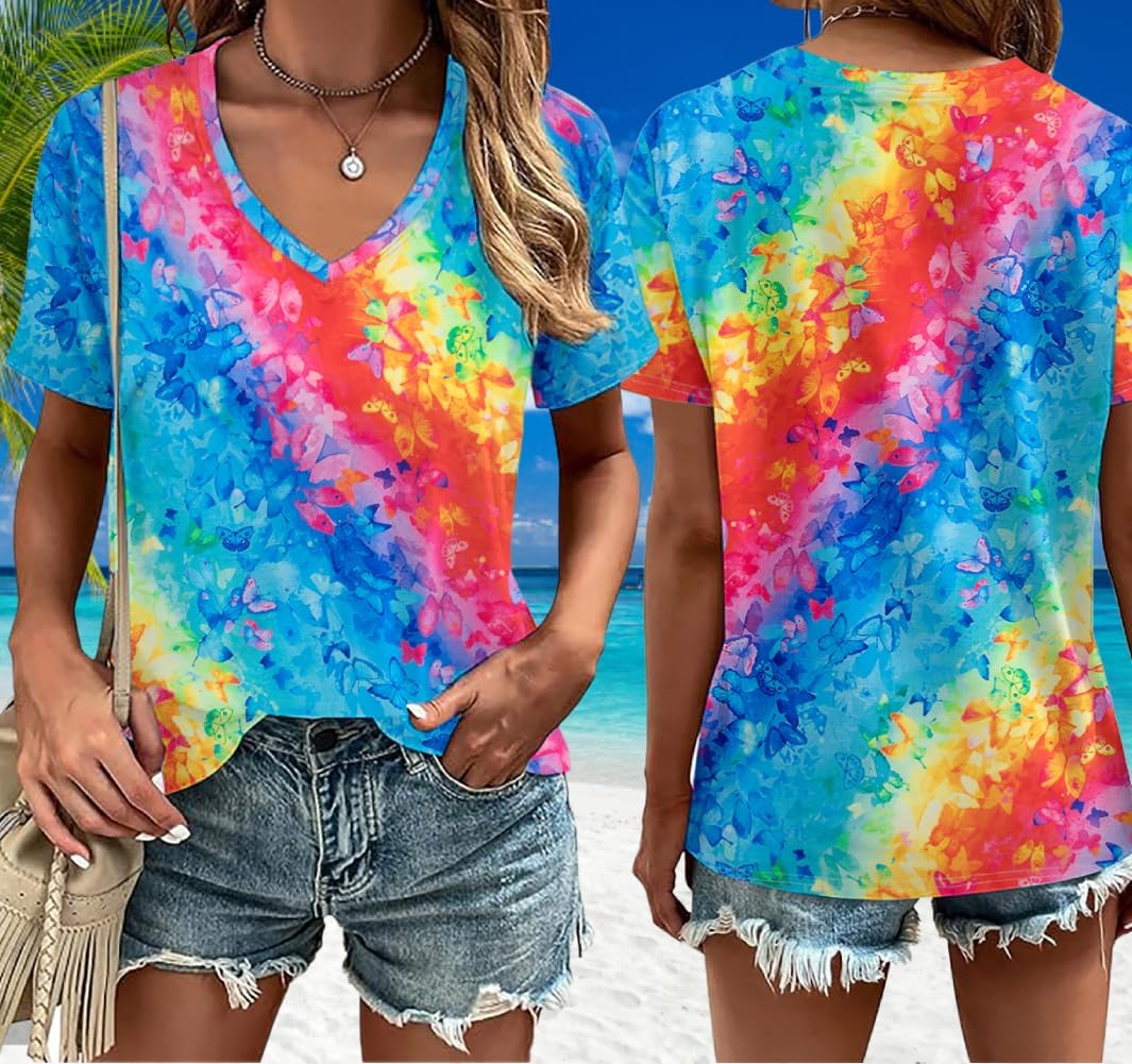Womens Tie Dye Shirts Butterfly Color Gradient Print V Neck Tshirt Summer Casual Rainbow Short Sleeve Tee Tops - Image 2