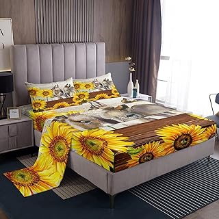 Erosebridal Sunflower Sheet Set Queen Funny Donkey Bedding Set Farm Animal Bed Sheets for Kids Boys Girls Teens Rustic Farmhouse Floral Fitted Sheet + Flat Sheet + 2 Pillow Cases Bedroom Decor
