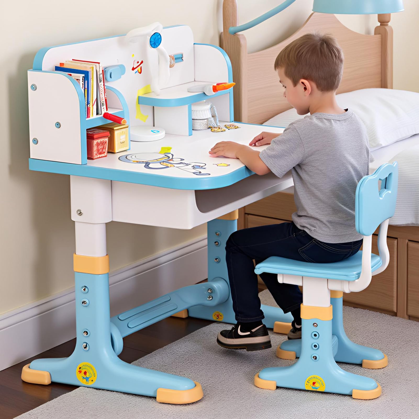 Ensemble de Bureau et chaises pour Enfants, élargi, Multi-séparation, Motif Dessin animé, Ensemble Bureau, Table d'étude à Hauteur réglable avec (Bleu-a)