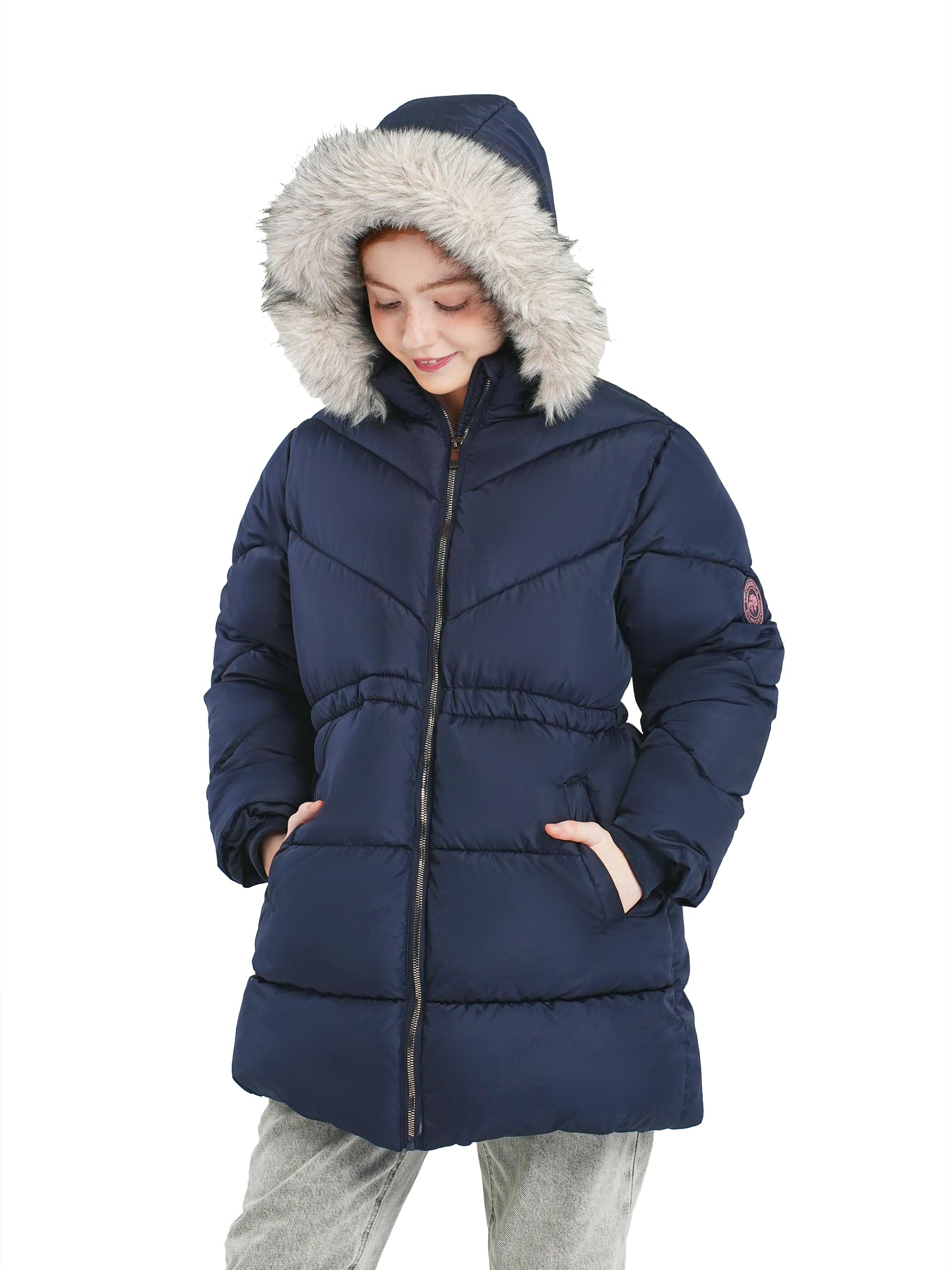 SOLOCOTE Abrigo de invierno para niñas resistente al agua plumas acolchado con capucha forro polar ribete de pelo sintético parka larga gruesa para niños