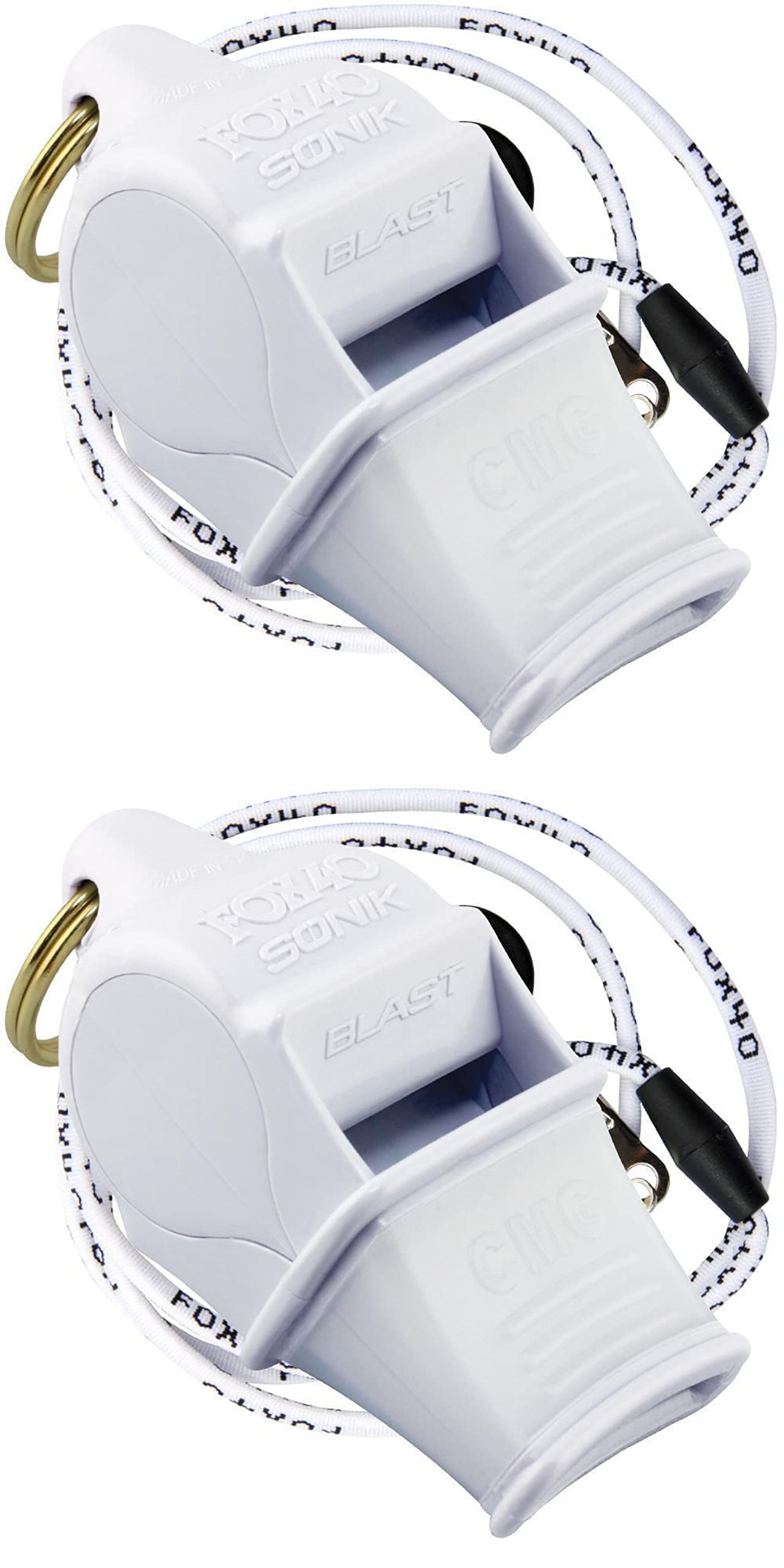 Fox 40 Sonik Blast CMG 2-Chamber Pealess Whistle w/Lanyard, White (Pack of 2)