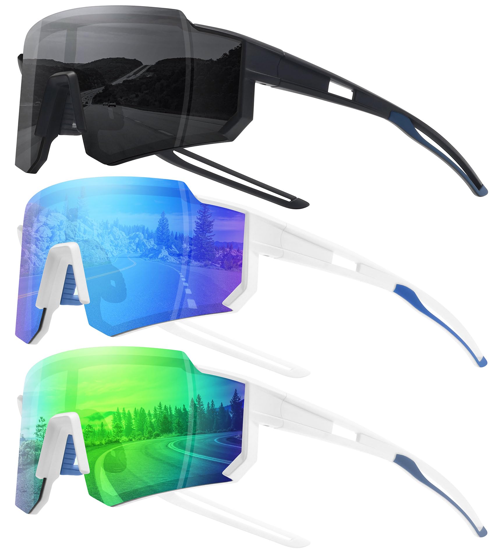 STORYCOAST Polarized Sports Sunglasses for Men Women Unbreakable Frame Cycling Fishing Driving, Pack of 3, Matte Black, Grey, White, Green, White and Blue, One Size