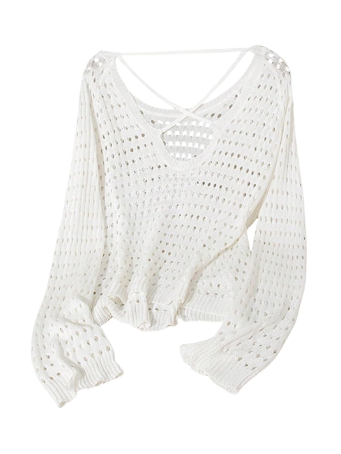 Womens Crochet Hollow Out Sweater Criss Cross Scoop Neck Sheer Long Sleeve Pullover Tops