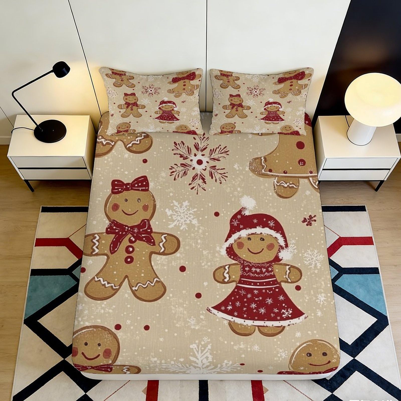 3D Printed Gingerbread Cookie Fitted Sheet Microfiber Snowflake Bed Cover for Bedroom Guest Room Dorm Mattress Protection Decor 140x200x25cm