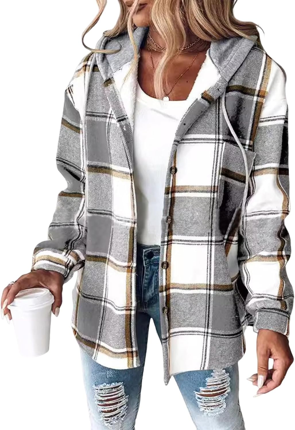 Plaid Jacket for Woman Casual Button Down Long Flannel Jacket with Hood Cute Fall Shacket Checkered Casual Outerwear - Image 2