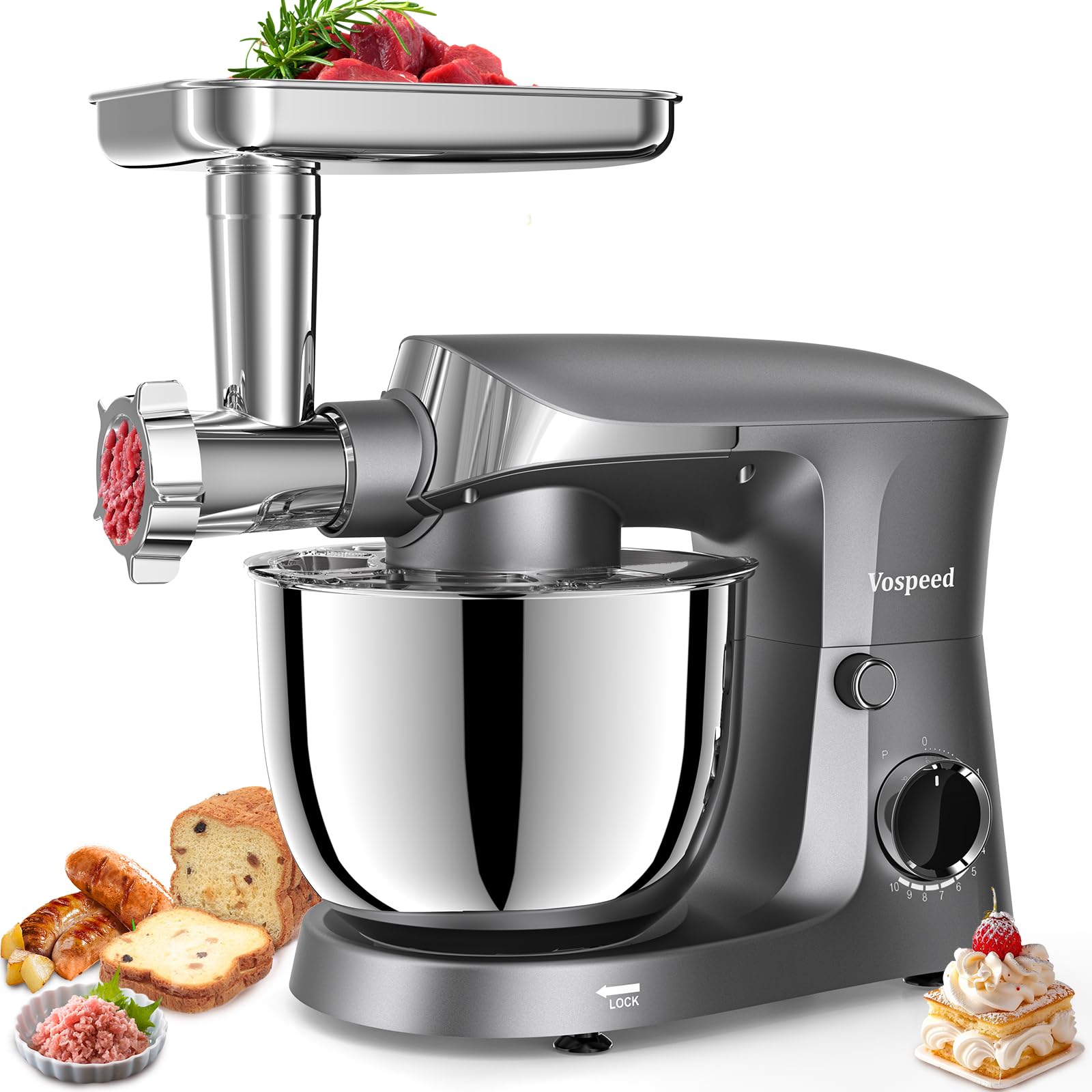 Vospeed Stand Mixer, Cooking 5.5L Multifunctional Food Mixers 1500W Tilt Head Electric Kitchen Mixer with Dough Hook, Wire Whip and Whisk, Meat Grinder, Noodle Machine, Biscuit accessories-picture-25