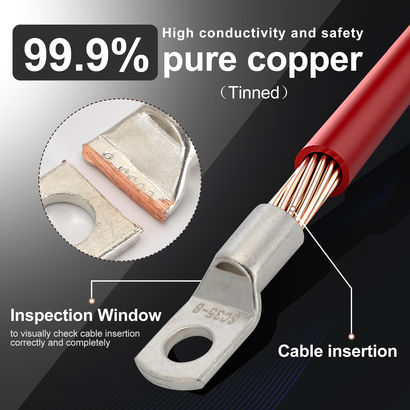 Terminales de cobre gruesos, terminales de cable eléctrico, AWG2 4, 6, 8, 10, calibre 12, 80 conectores de terminal de anillo de extremo de cable de batería estañados resistentes con 80 tubos