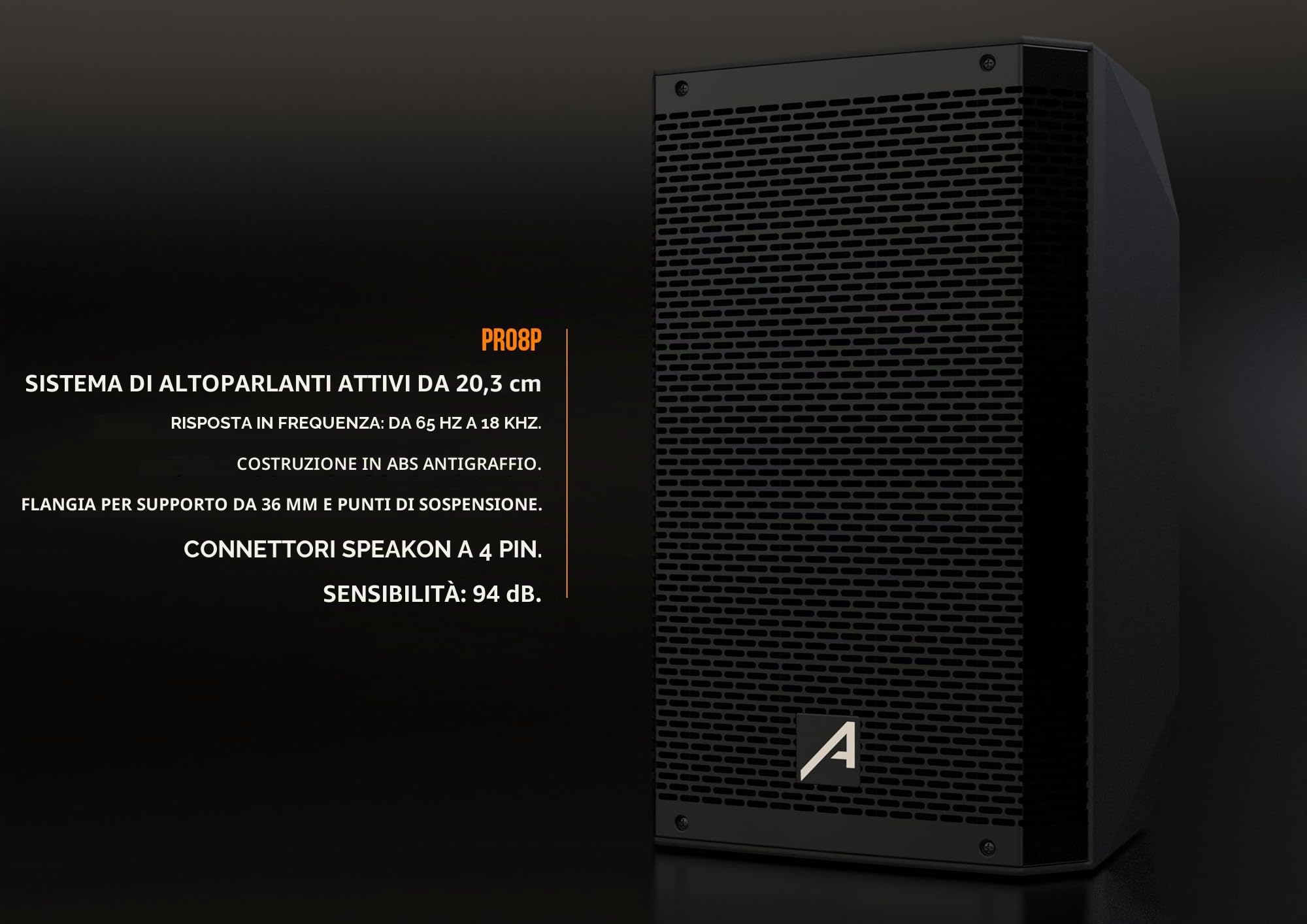 Audibax PRO8P - Altoparlante passivo da 8" - Potenza Massima 500W - Dotato di 2 ingressi Speakon - Montaggio a Pavimento o a Terra - Grande portabilità - Ideale per concerti e spettacoli dal Vivo