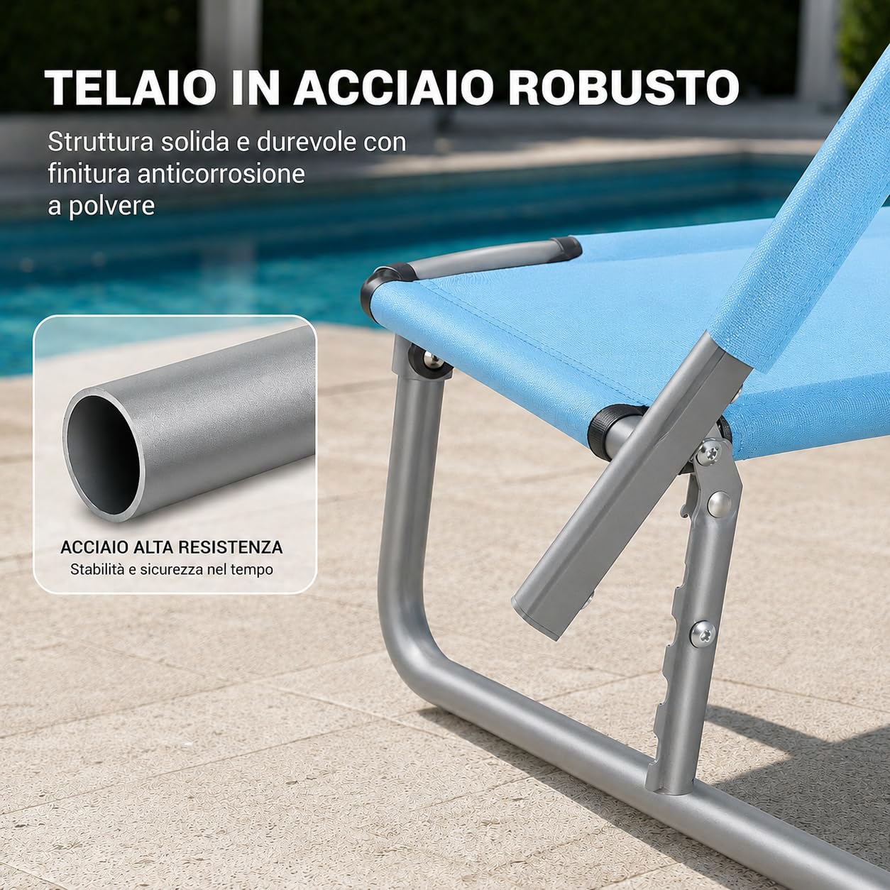 COGLIANESE CASA & RICAMBI Lettino Prendisole Azzurro (187 x 55 x 25,5 cm) - NESSUN MONTAGGIO - ANTIRUGGINE - Tessuto Oxford Traspirante e Antistrappo - Schienale Regolabile Su 5 Livelli