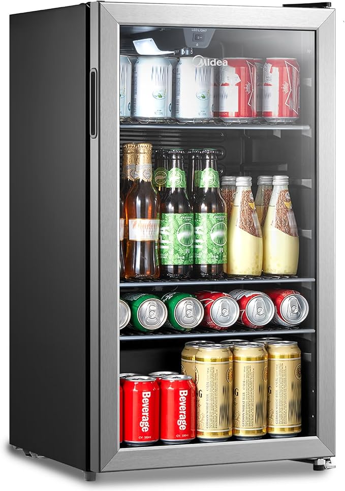 Midea MERV115T3AST 115 Cans Beverage Refrigerator with Adjustable Temperature, Removable Glass Shelf, LED Light, Silver