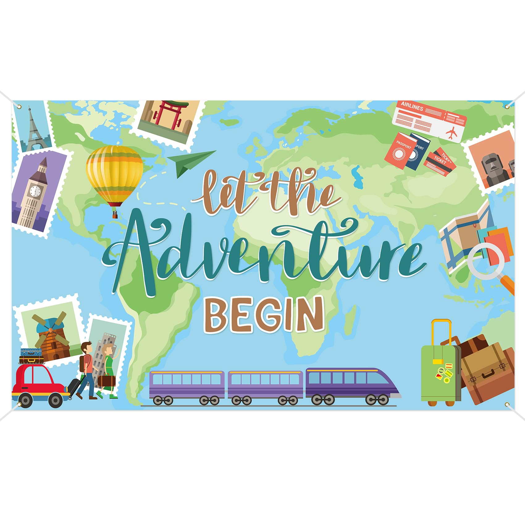 Let The Adventure Begin Backdrop Banner, 5.91x3.61 ft Outdoor Photography Background for Travel Theme Parties,Baby Showers,1st Birthday,Graduation,