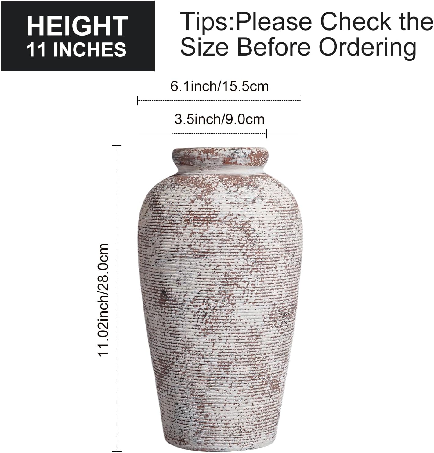 Terracotta Vase, Rustic Farmhouse Vase, Large Ceramic Vases for Centerpieces, Farmhouse Decor for Living Room, Shelf, Entryway, Room Decor, 11 inch - Image 5