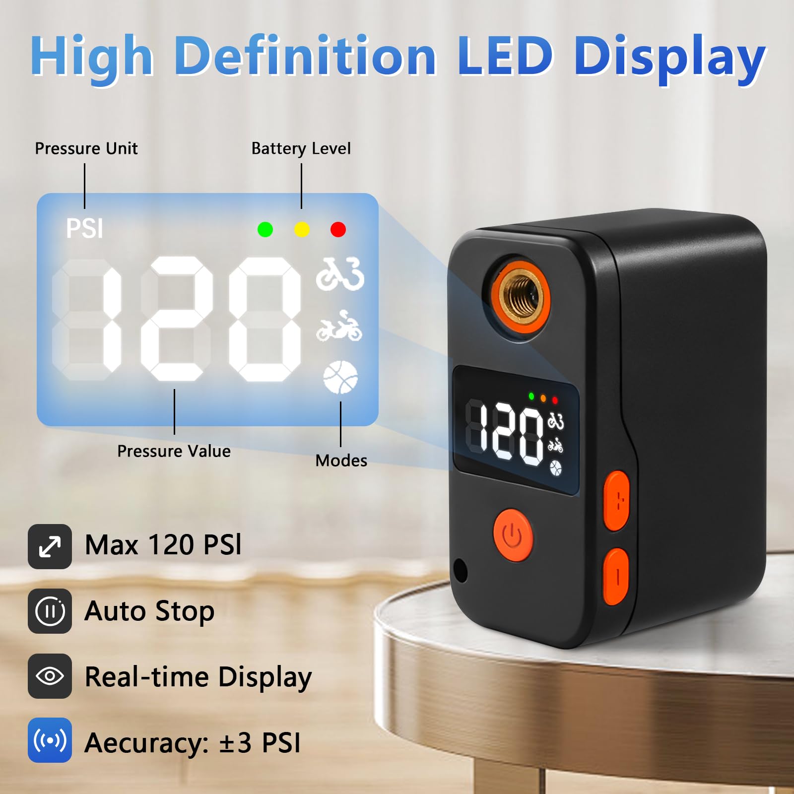 elzle Mini Pompa Elettrica per Bicicletta,120 PSI Portatile Piccola Pompa Per Bicicletta 181g,Display Digitale a LED Pompa per Biciclette con Valvole Presta e Schrader per Biciclette, E-bike, Moto