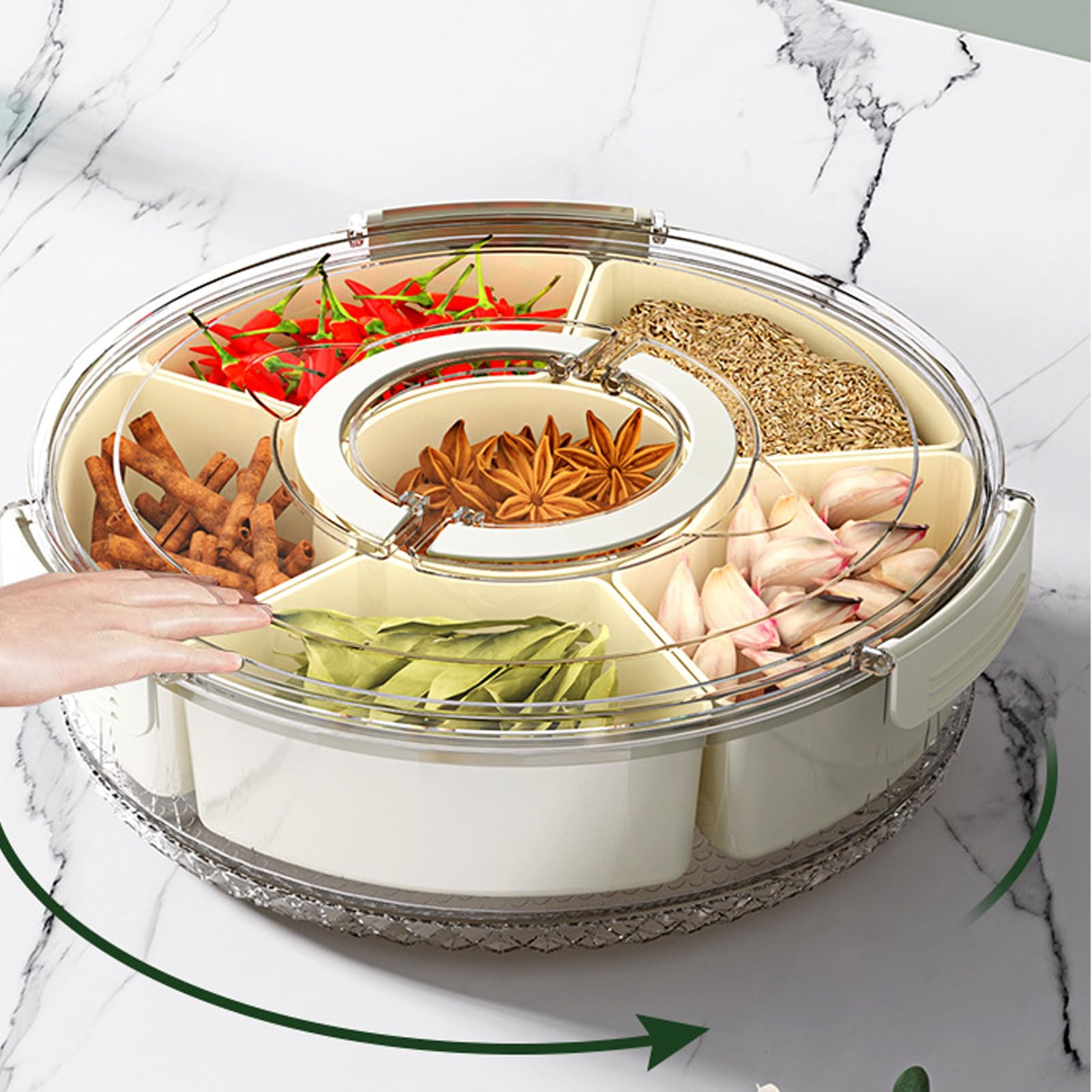 U-HOOME Refrigerator Organizer, Divided Food Storage Serving Tray With Lid & Handle, 360° Rotate Snack Container for Serving Platter, Vegetable Strainer for Candy, Fruits, Nuts, Spice (Rotatable)