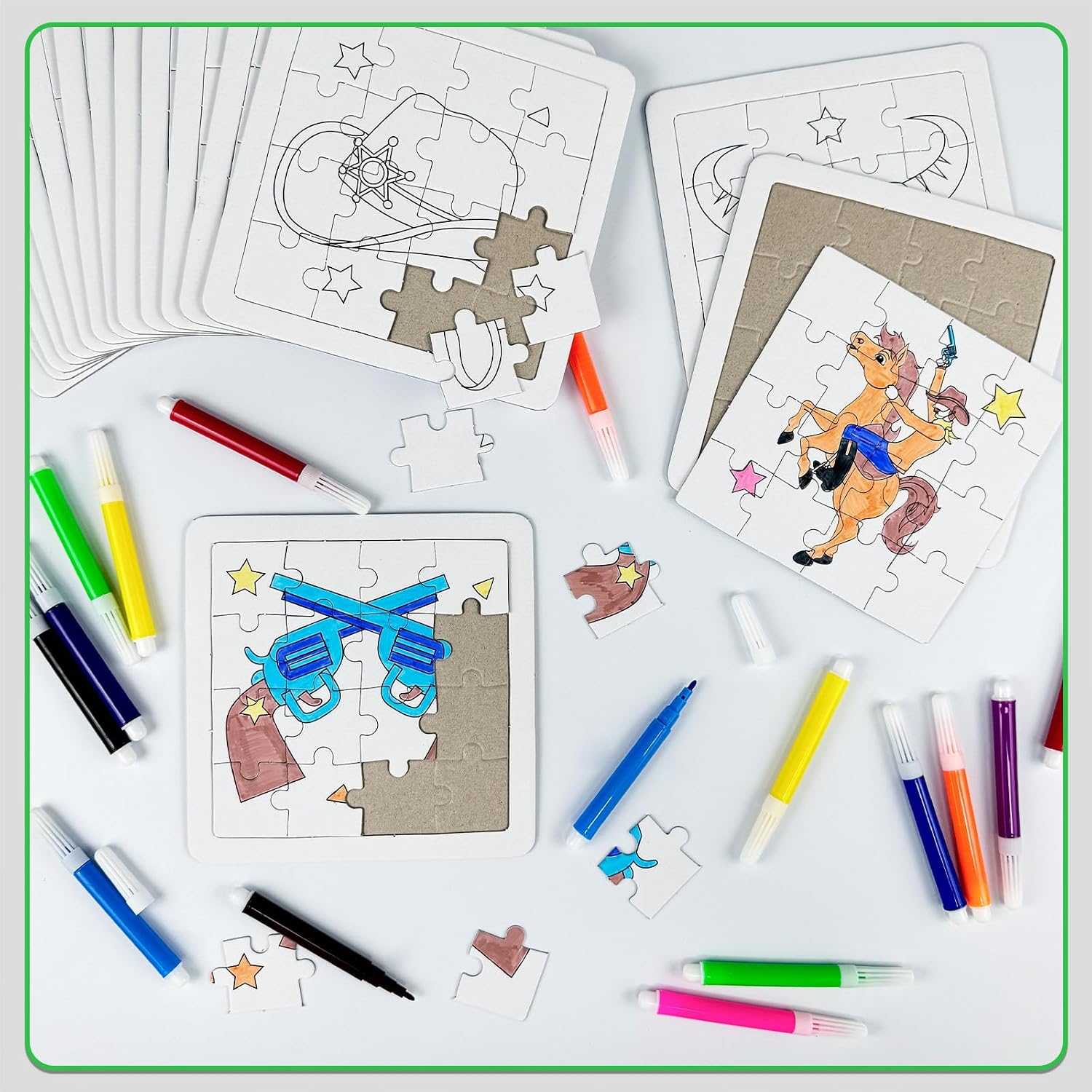 Cinrobiye 24 Pcs Western Cowboy Coloring Puzzle Craft Kit for Kids, DIY Wild West Jigsaw Puzzles Bulk with 12 Designs, Rodeo Birthday Party Favors, Classroom Art Activit