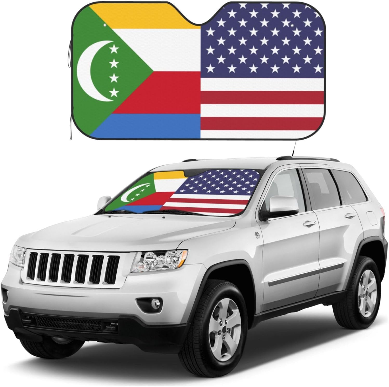 America Comoros Friendship Flag Foldable Car Windshield Sunshade Blocks Heat and Sun Glare Uv Rays