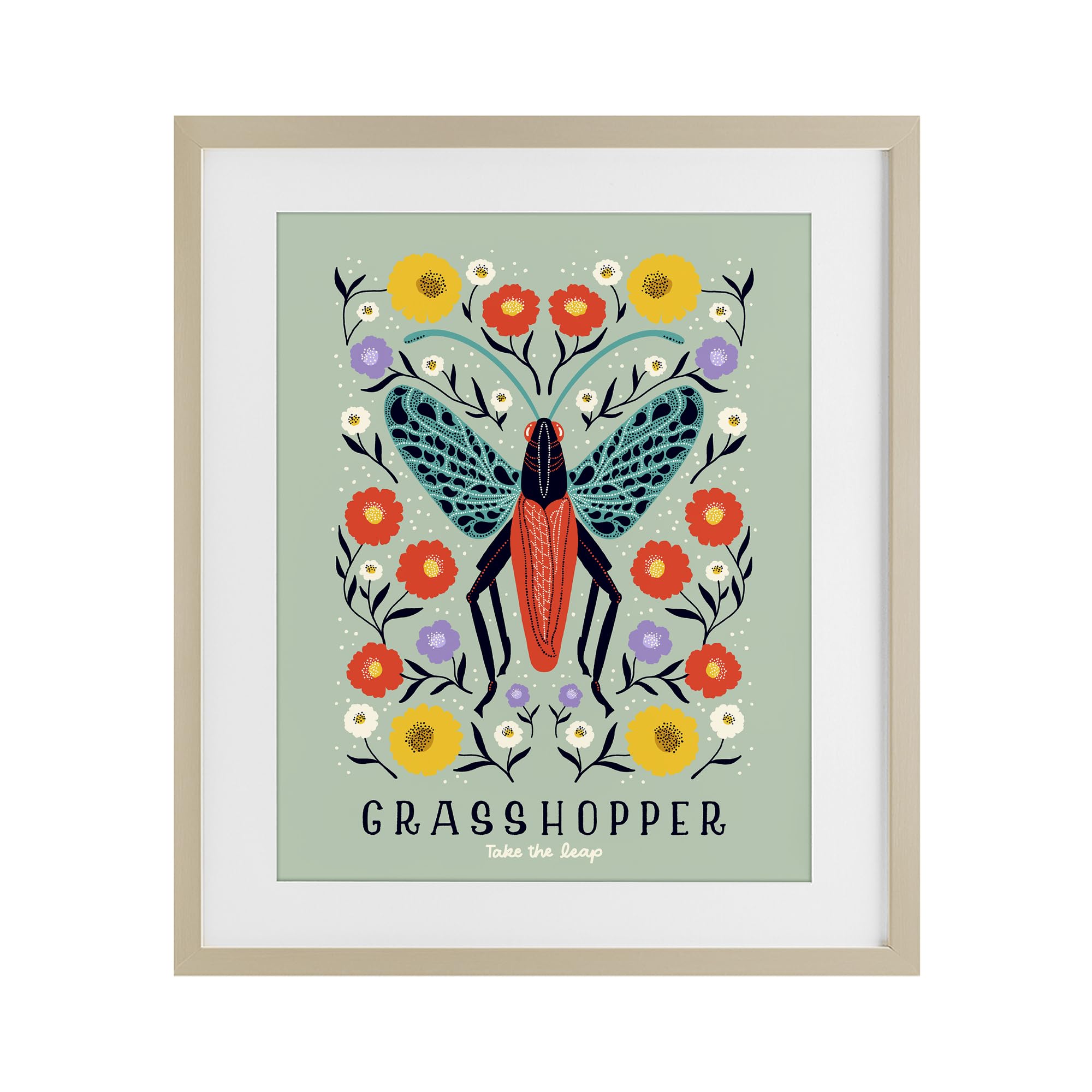 Stupell Industries 'Symmetrical Grasshopper with Blooms', Framed Print Under Glass, Brown, 17 x 21 Inches, Easy to Hang and Sturdy, Made in USA, by Indira Prieto | IndySign