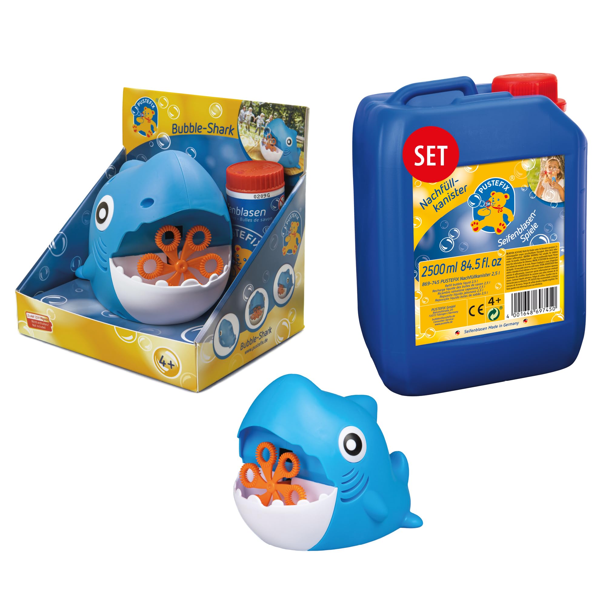 PUSTEFIX Seifenblasenmaschine Hai & 2,5L Nachfüllflasche I Lustiges Seifenblasen Kinder Set mit Seifenblasen Flüssigkeit I Besonders viele Bunte Bubbles