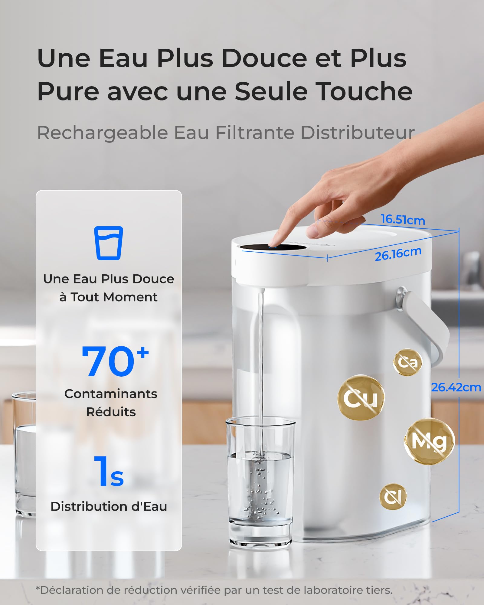 Waterdrop WD-ED11W Rechargeable Adoucisseur Filtre à Eau Distributeur, 3,5L Filtre Anti-Calcaire 3 Mois Sans Installation，Réduit Calcium/Magnésium +70 Polluants
