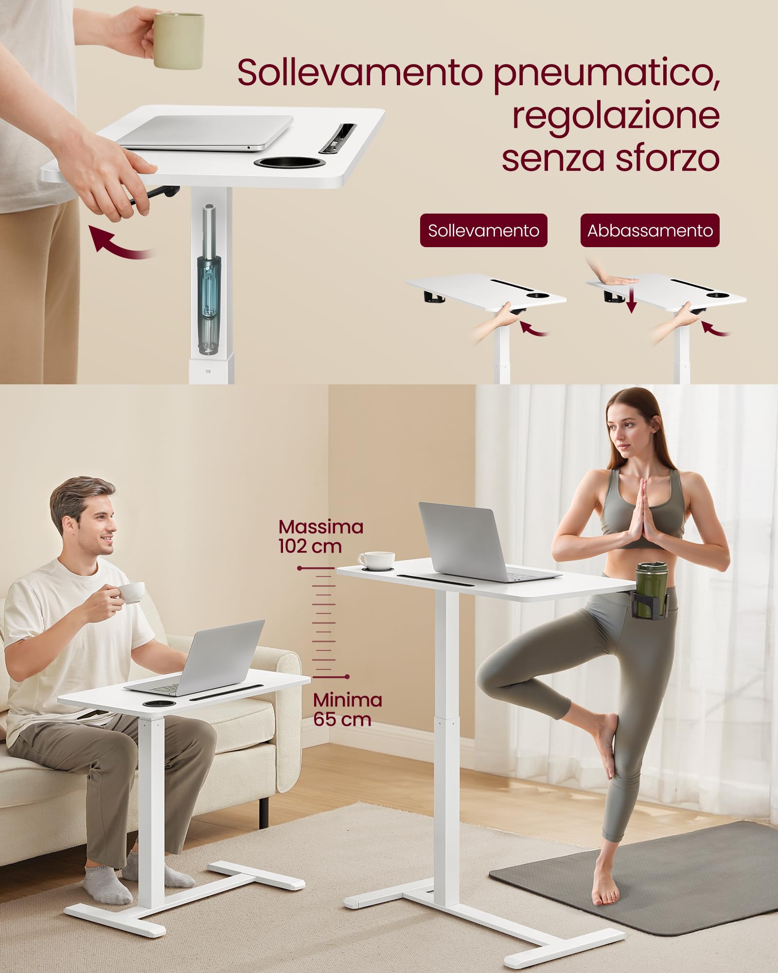 VASAGLE Scrivania con Ruote, Tavolino con Rotelle, Piano 80 x 45 cm, Regolabile in Altezza, 2 Portabicchieri, Slot per Cellulare o Tablet, Bianco Nuvola LSD601W01 | Tavolino con Rotelle, 2 Portabicchieri, Slot per Cellulare o Tablet, Bianco, Collezione BA