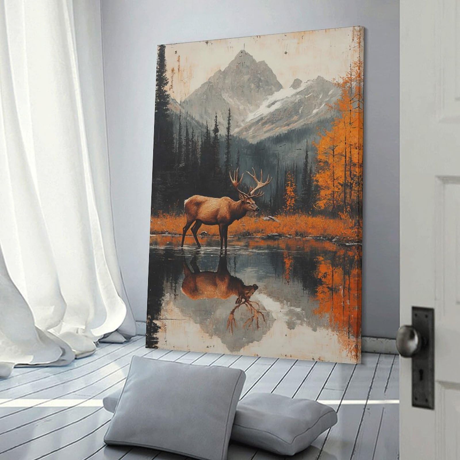 Junmoney Frame-Style-11 Canvas Wall Picture Elk In Mountain Lake, 20X30inch(50X75cm), For Bedroom, Lounge Or Dressing Area, Stylish Decor For A Restful Room Update