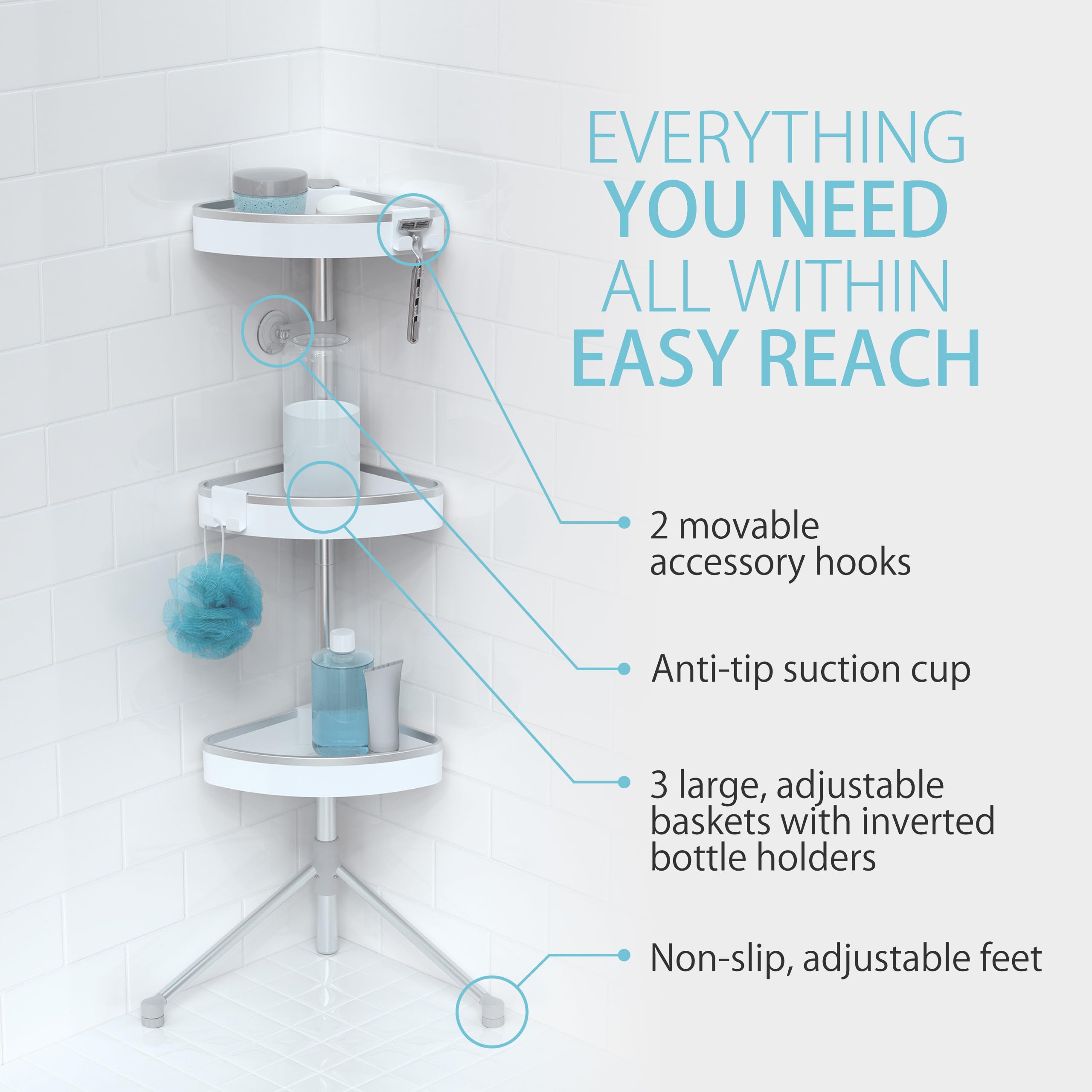 Better Living HiRise 3 - Organizador de ducha de pie, ajustable, 3 cestas grandes, organizador de ducha de baño de aluminio inoxidable con ganchos de almacenamiento, sin taladro, organizador de ducha