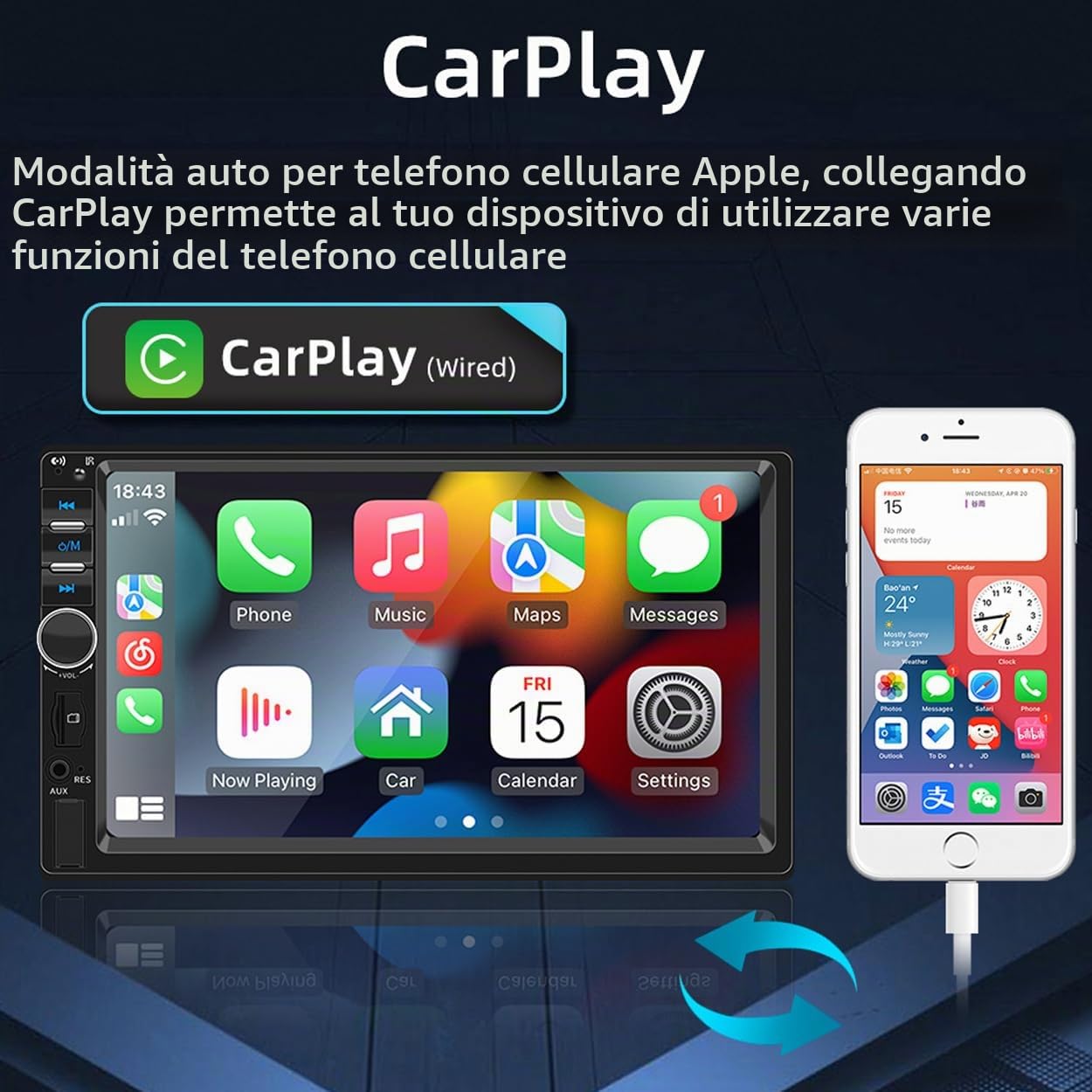 Autoradio 2 DIN Carplay Android Auto con Double DIN Auto Stereo 4LED 7 "Lettore multimediale MP5 Bluetooth USB Backup Monitor Auto Radio