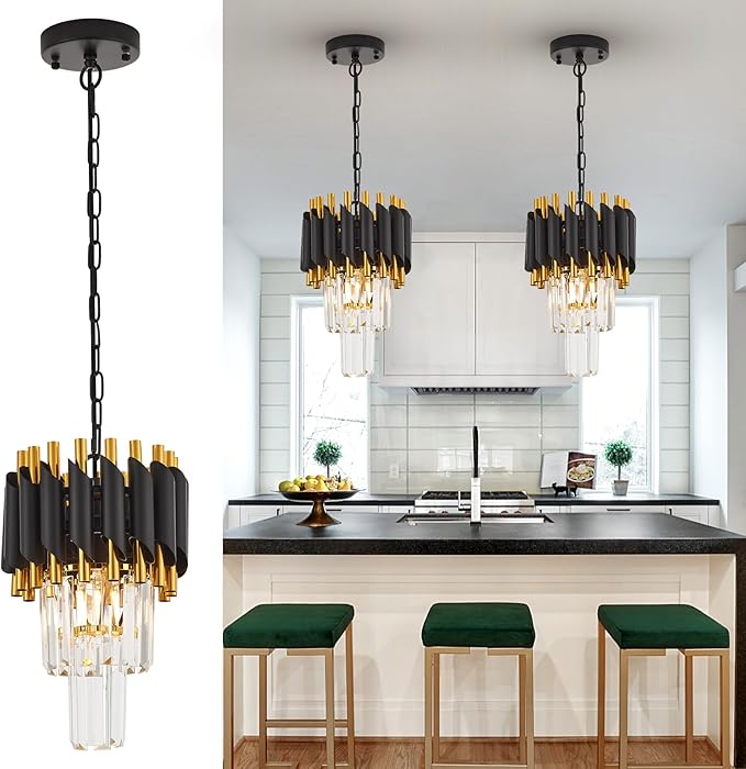 brfaixla Black Crystal Pendant Light Fixture 1-Pack 7.88" Modern 2-Tier ...