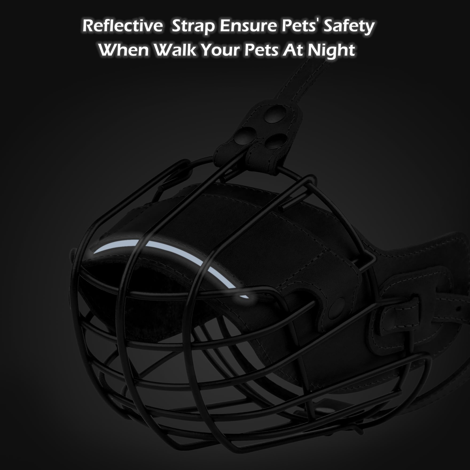 OOPSDOGGY Amstaff Pitbull-Hundemaulkorb aus Metall, reflektierende Ledermaske, sicherer Drahtkorb, Maulkorb für große Hunde, weicher Käfigmaulkorb gegen Beißen und Kauen mit verstellbaren Riemen